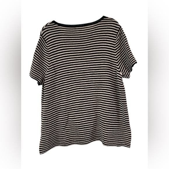 Eileen Fisher Black & Oatmeal Stripe Linen Blend Short Sleeve Top L - Picture 2 of 5